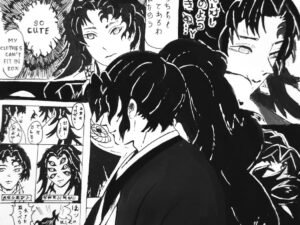 Black and white ink fan art of Michikatsu Tsugikuni, featuring a collage of dramatic manga-style panels with detailed shading and expressive composition.