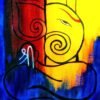 Abstract painting of Lord Ganesha in vibrant red, yellow, and blue tones symbolizing wisdom, strength, and peace.