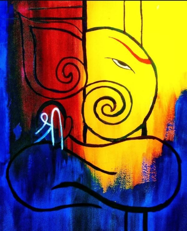 Abstract painting of Lord Ganesha in vibrant red, yellow, and blue tones symbolizing wisdom, strength, and peace.