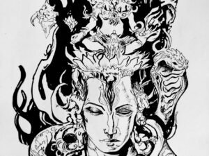 Black-and-white hand-drawn sketch of Lord Shiva in deep meditation, surrounded by divine and cosmic elements representing energy and serpentine motifs.